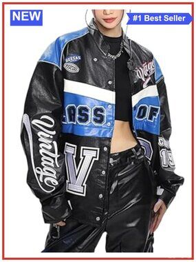 Faux Leather Varsity Bomber Jacket Oversized Letterman Racing Coat